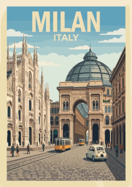 Milan Italy travel poster featuring a historic cathedral and glass-domed architecture with trams.