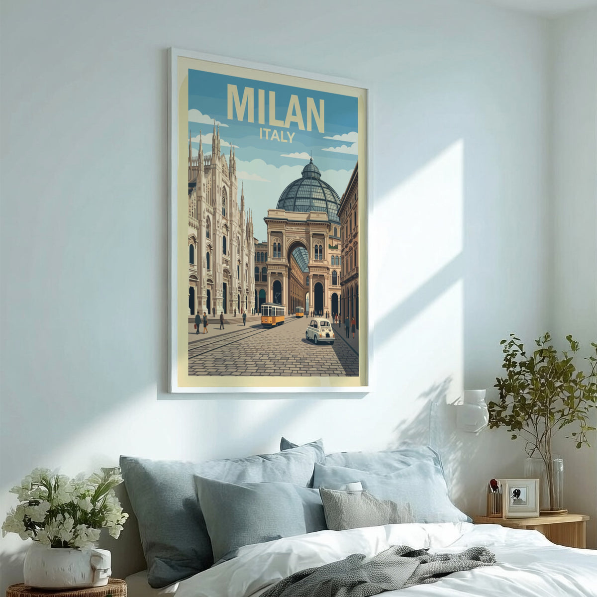 Milan Italy travel poster featuring a historic cathedral and glass-domed architecture with trams.