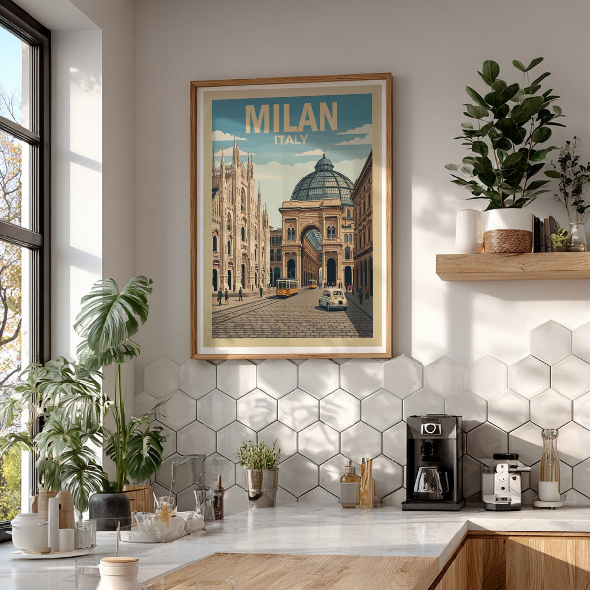 Milan Italy travel poster featuring a historic cathedral and glass-domed architecture with trams.