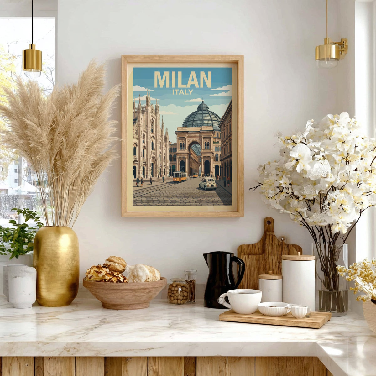 Milan Italy travel poster featuring a historic cathedral and glass-domed architecture with trams.