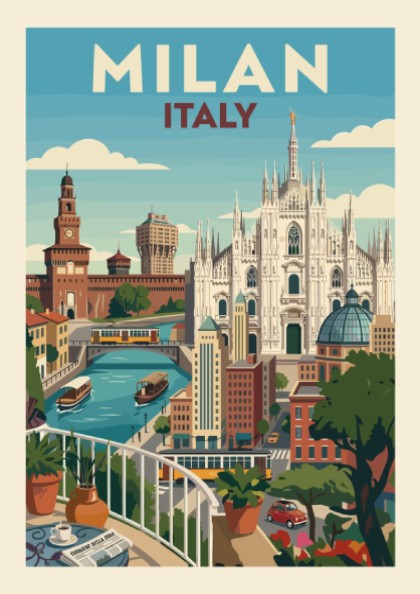 Retro illustration of Milan skyline with Duomo and Sforza Castle, Italy travel poster.