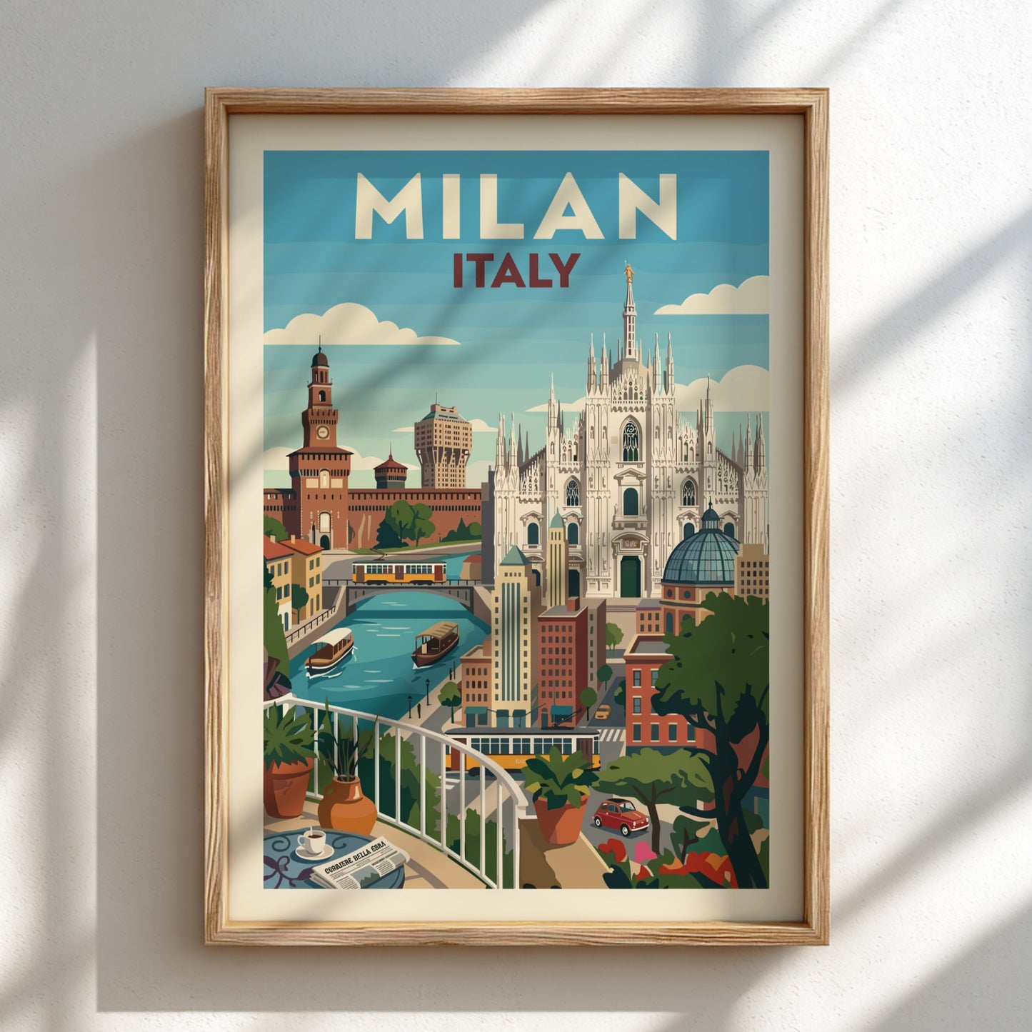 Retro illustration of Milan skyline with Duomo and Sforza Castle, Italy travel poster.