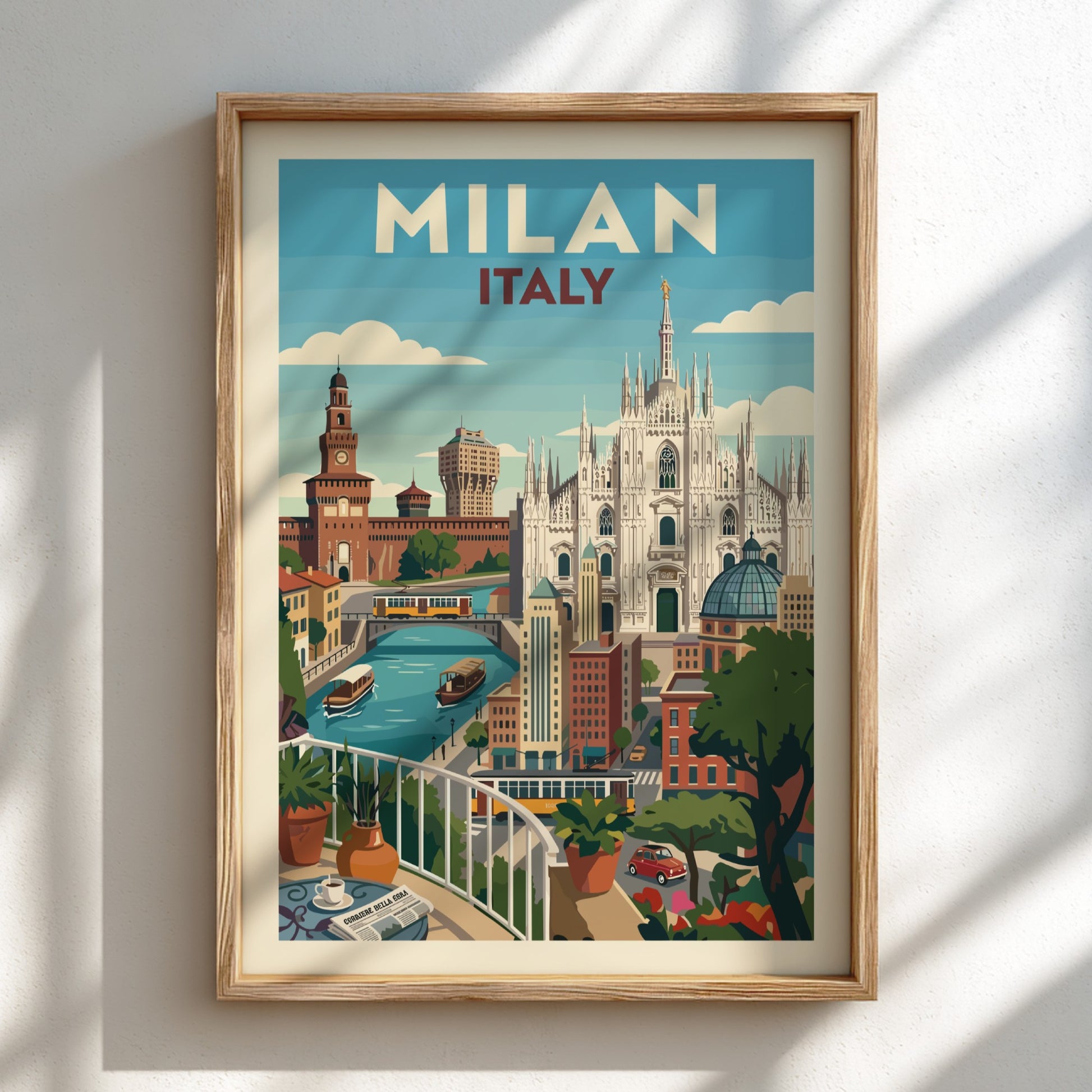 Retro illustration of Milan skyline with Duomo and Sforza Castle, Italy travel poster.