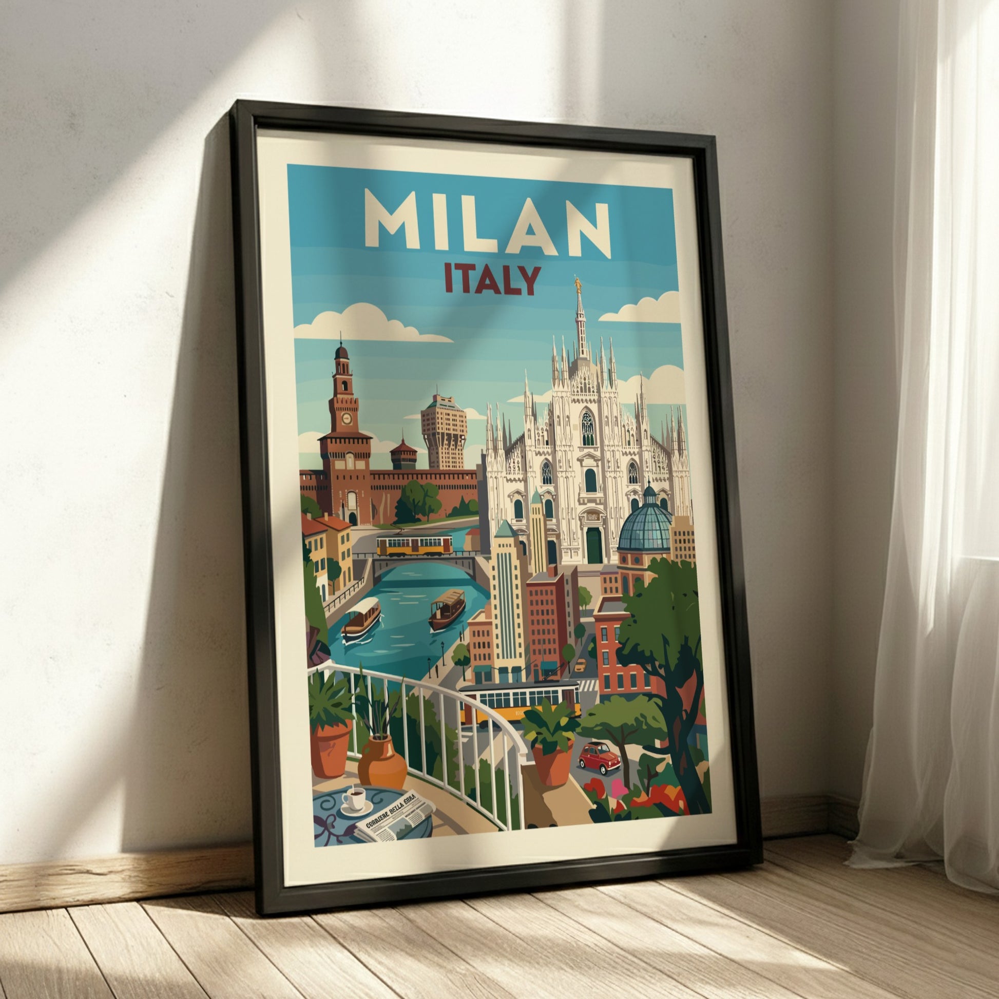 Retro illustration of Milan skyline with Duomo and Sforza Castle, Italy travel poster.