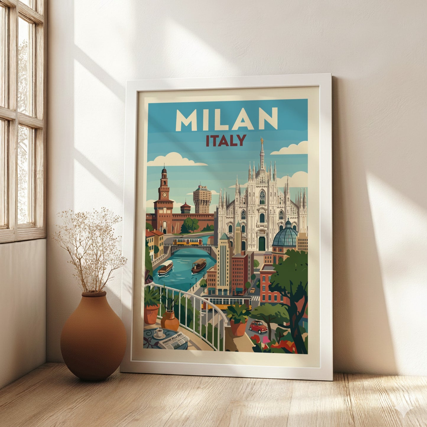 Retro illustration of Milan skyline with Duomo and Sforza Castle, Italy travel poster.