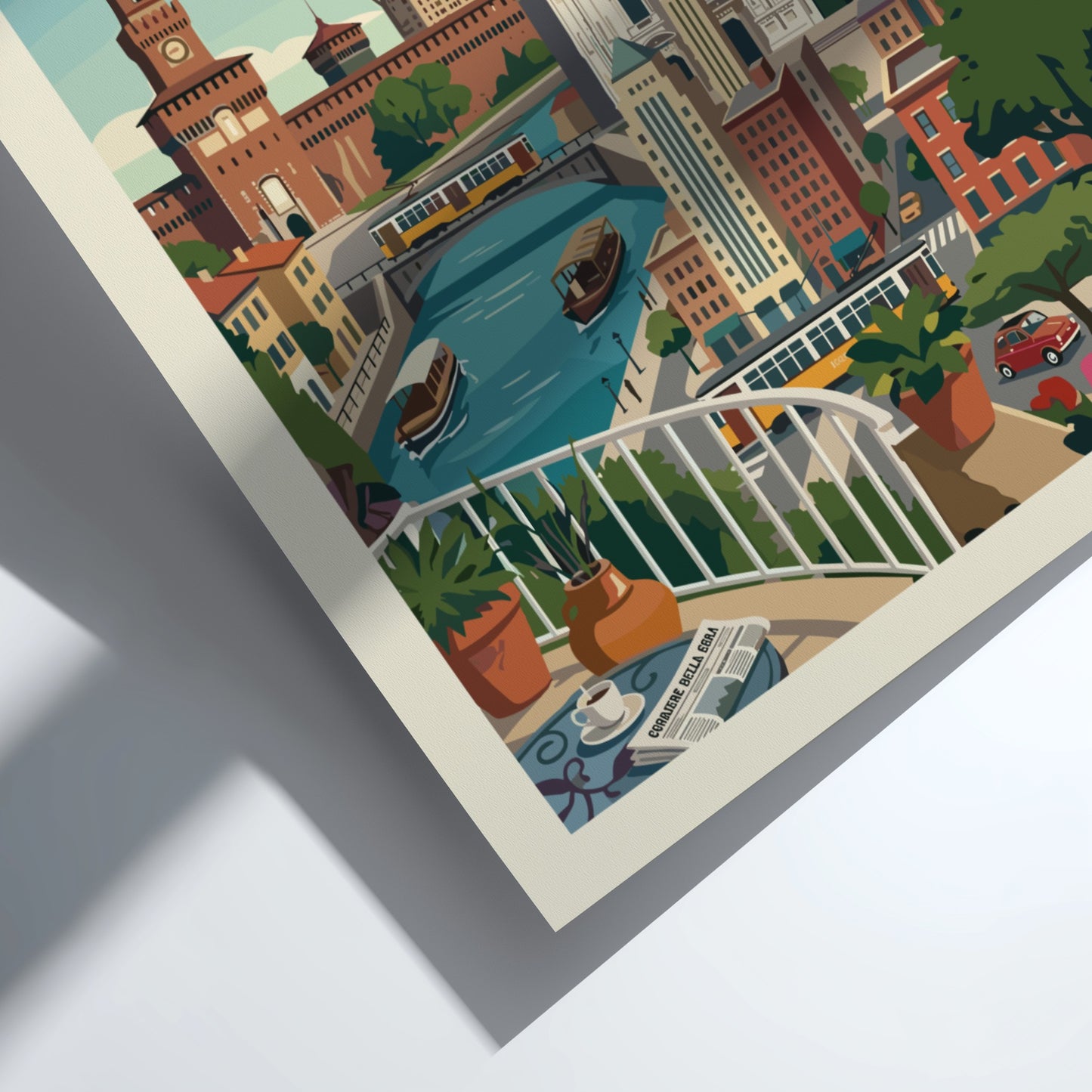Retro illustration of Milan skyline with Duomo and Sforza Castle, Italy travel poster.