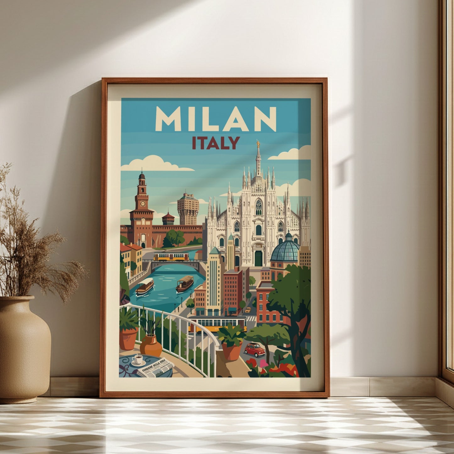 Retro illustration of Milan skyline with Duomo and Sforza Castle, Italy travel poster.