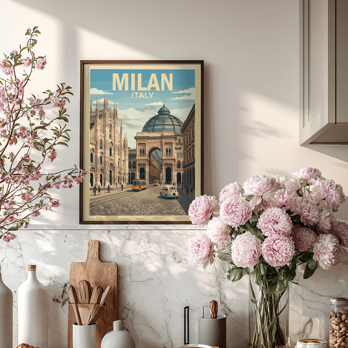 Milan Italy travel poster featuring a historic cathedral and glass-domed architecture with trams.