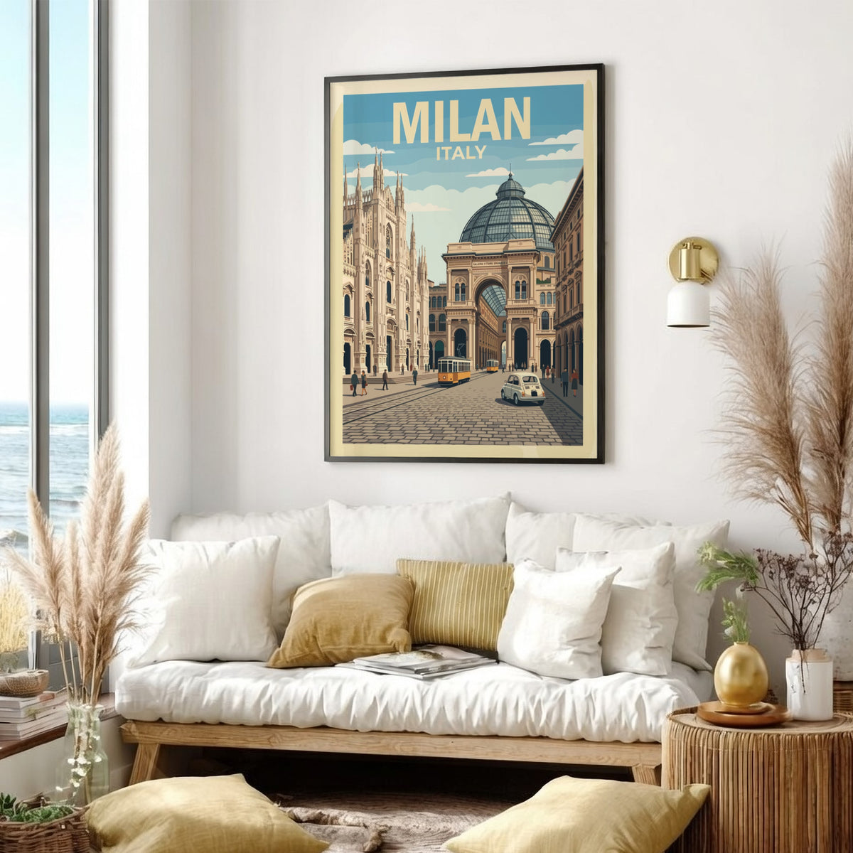 Milan Italy travel poster featuring a historic cathedral and glass-domed architecture with trams.