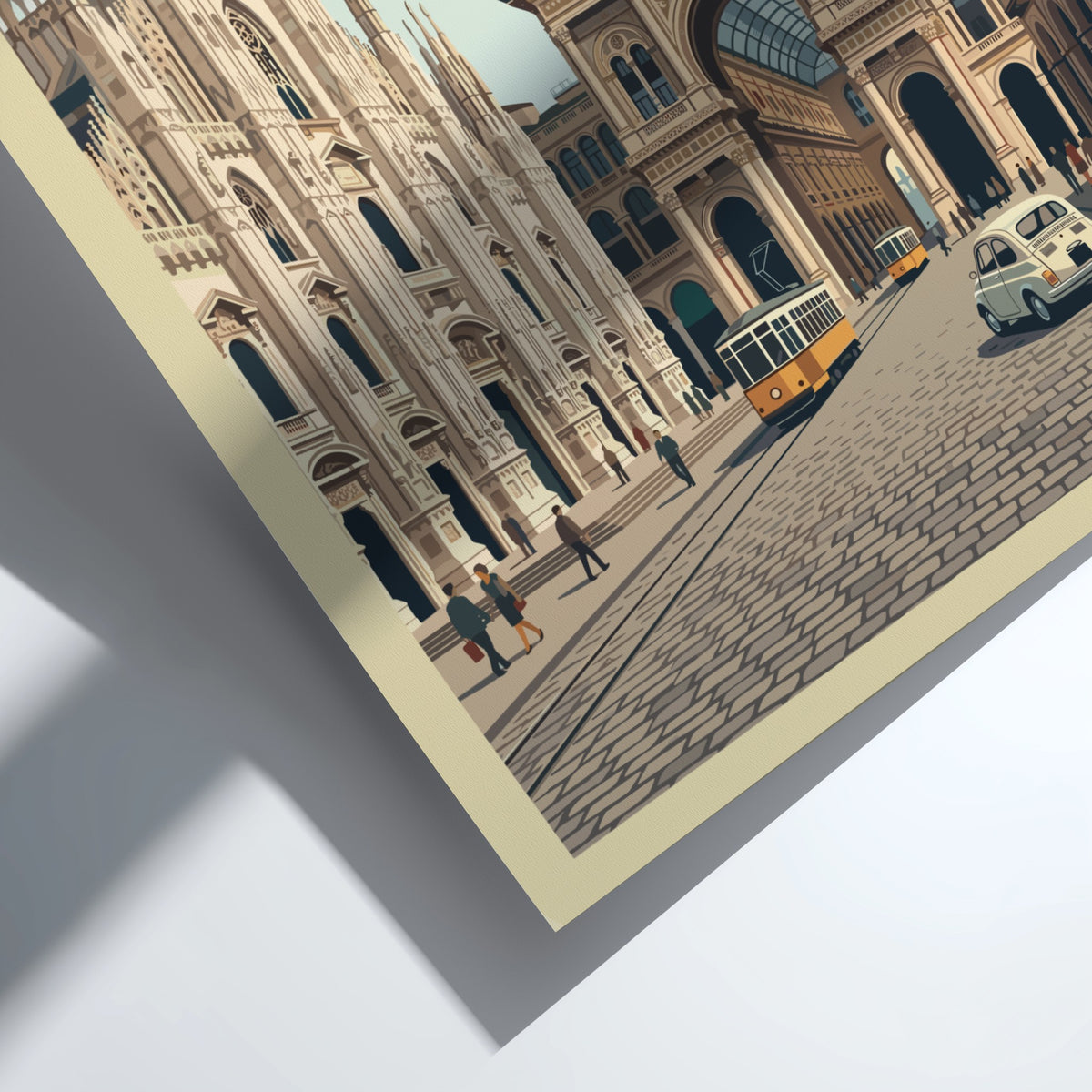 Milan Italy travel poster featuring a historic cathedral and glass-domed architecture with trams.