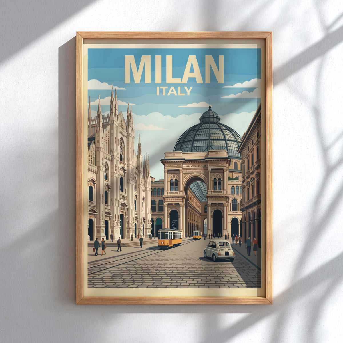 Milan Italy travel poster featuring a historic cathedral and glass-domed architecture with trams.