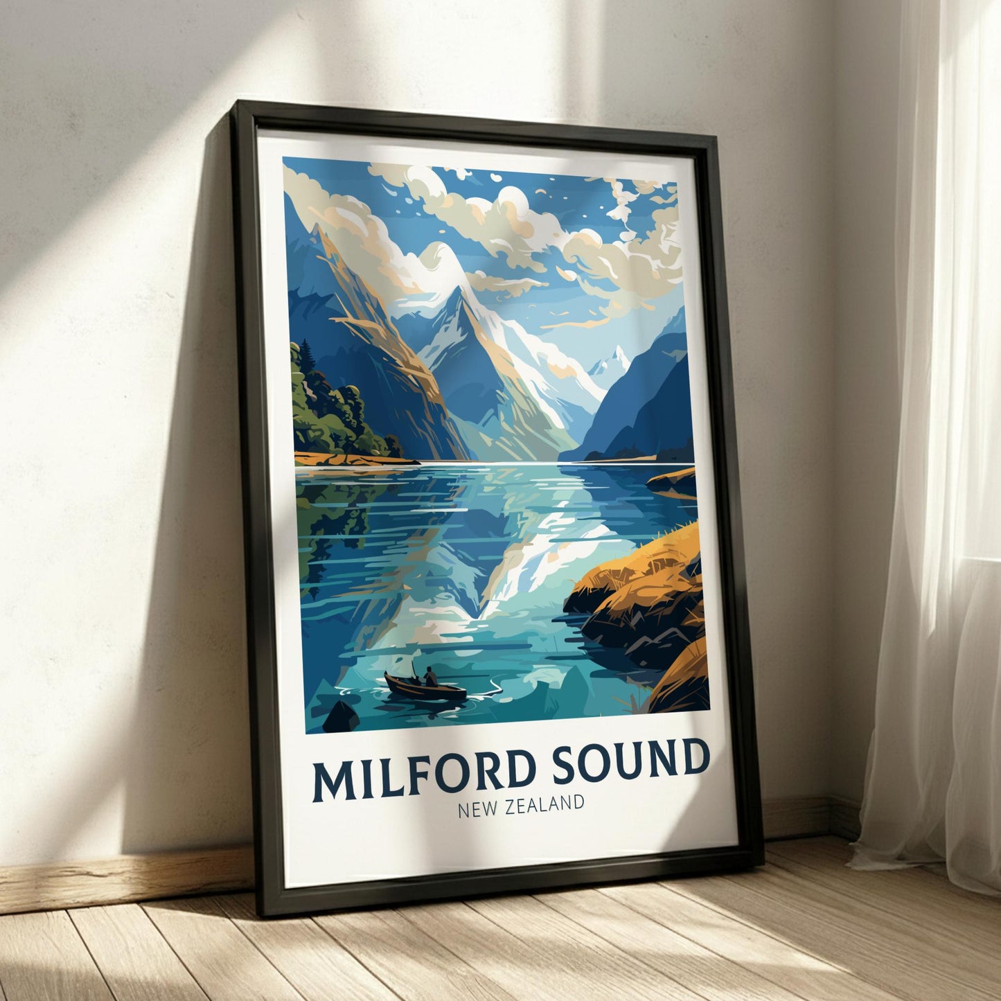 Framed poster of Milford Sound, New Zealand with a scenic mountain and lake view.