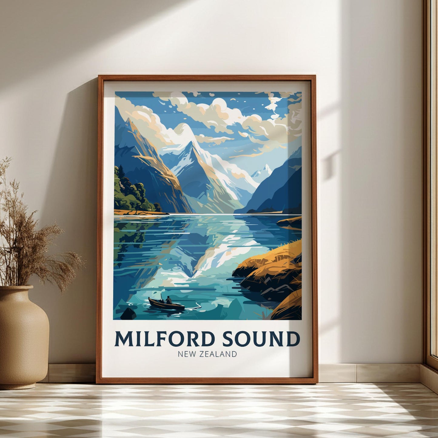 Framed artwork of Milford Sound, New Zealand, on a wall with a vase and plant.