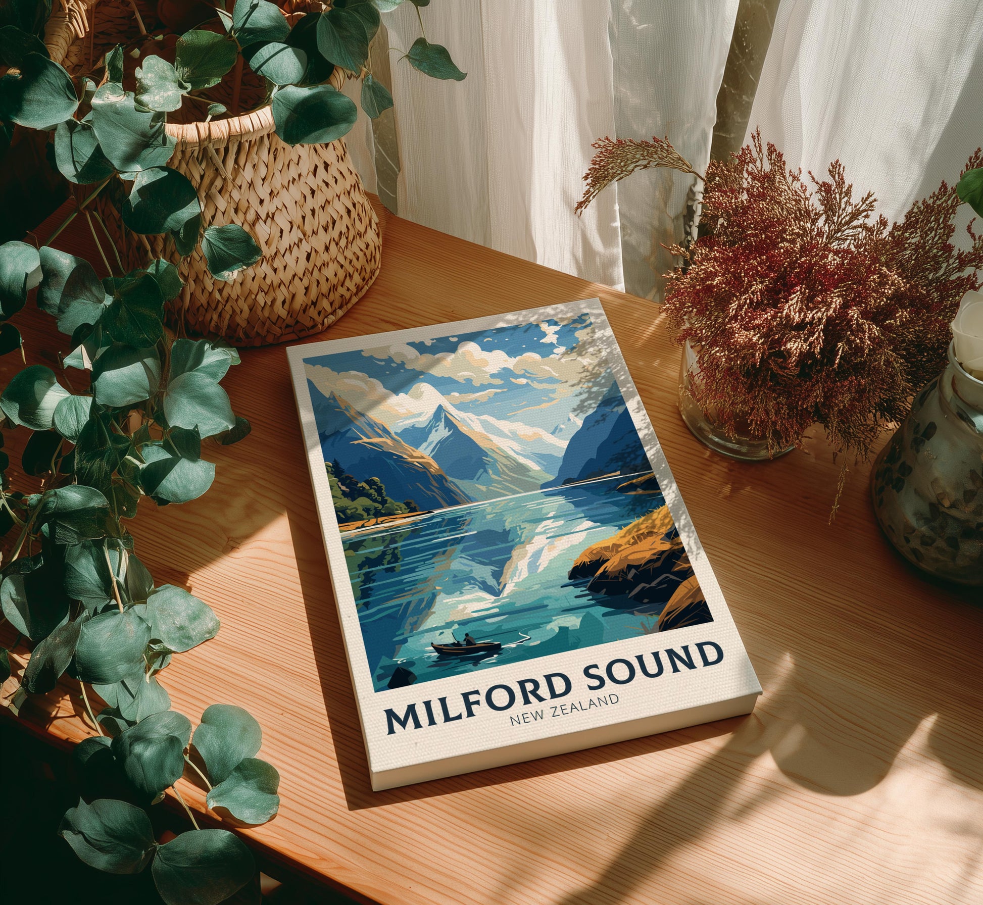 Canvas of 'Milford Sound, New Zealand' on a wooden table with plants around