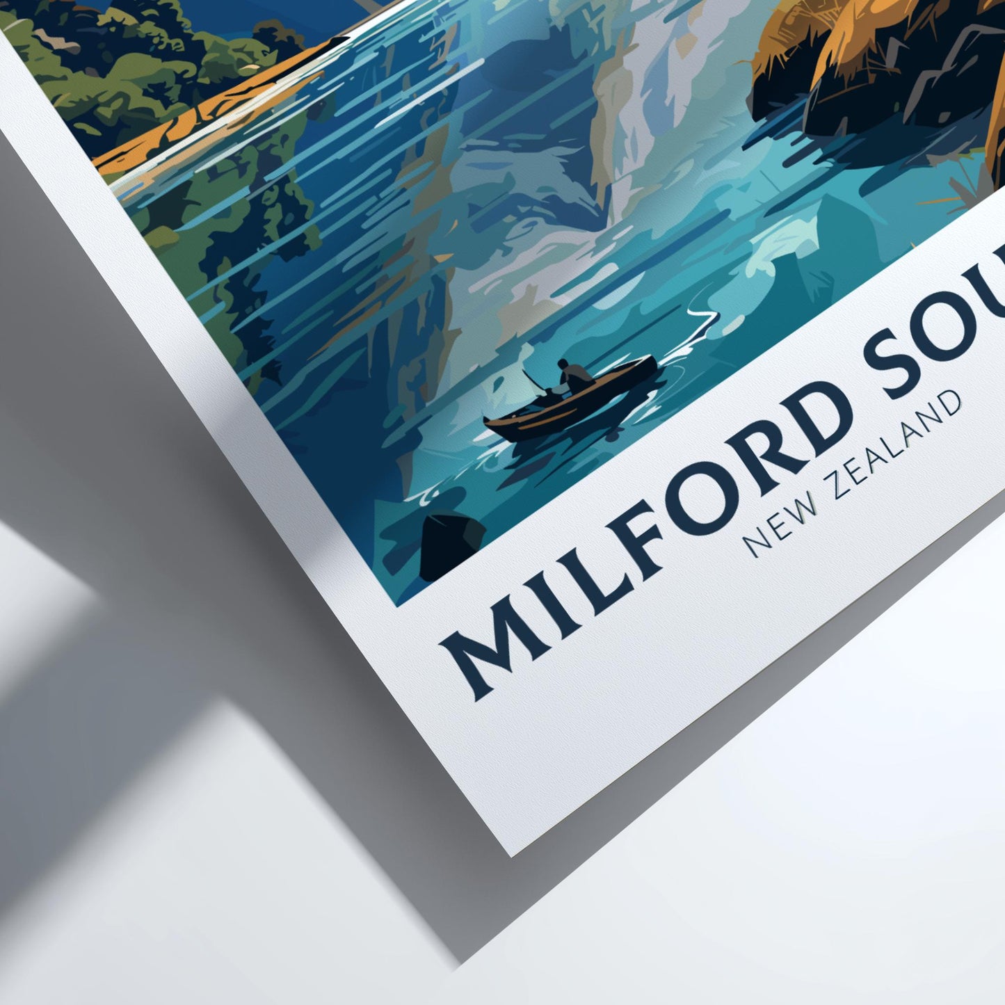Poster of Milford Sound, New Zealand with a boat on the water.