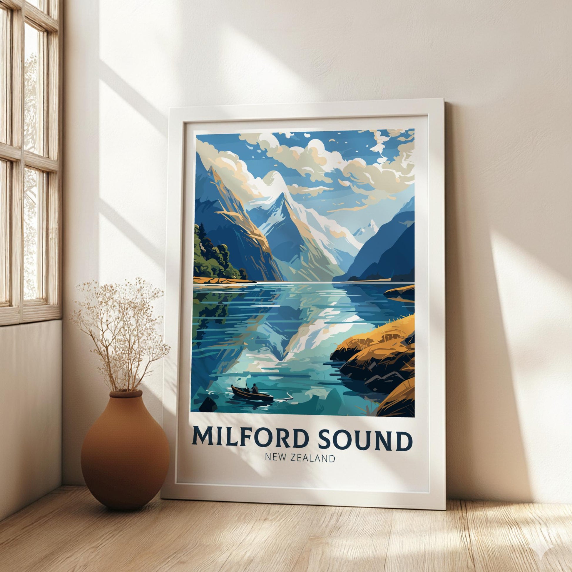 Framed artwork of Milford Sound, New Zealand, on a wall with a vase and plant.