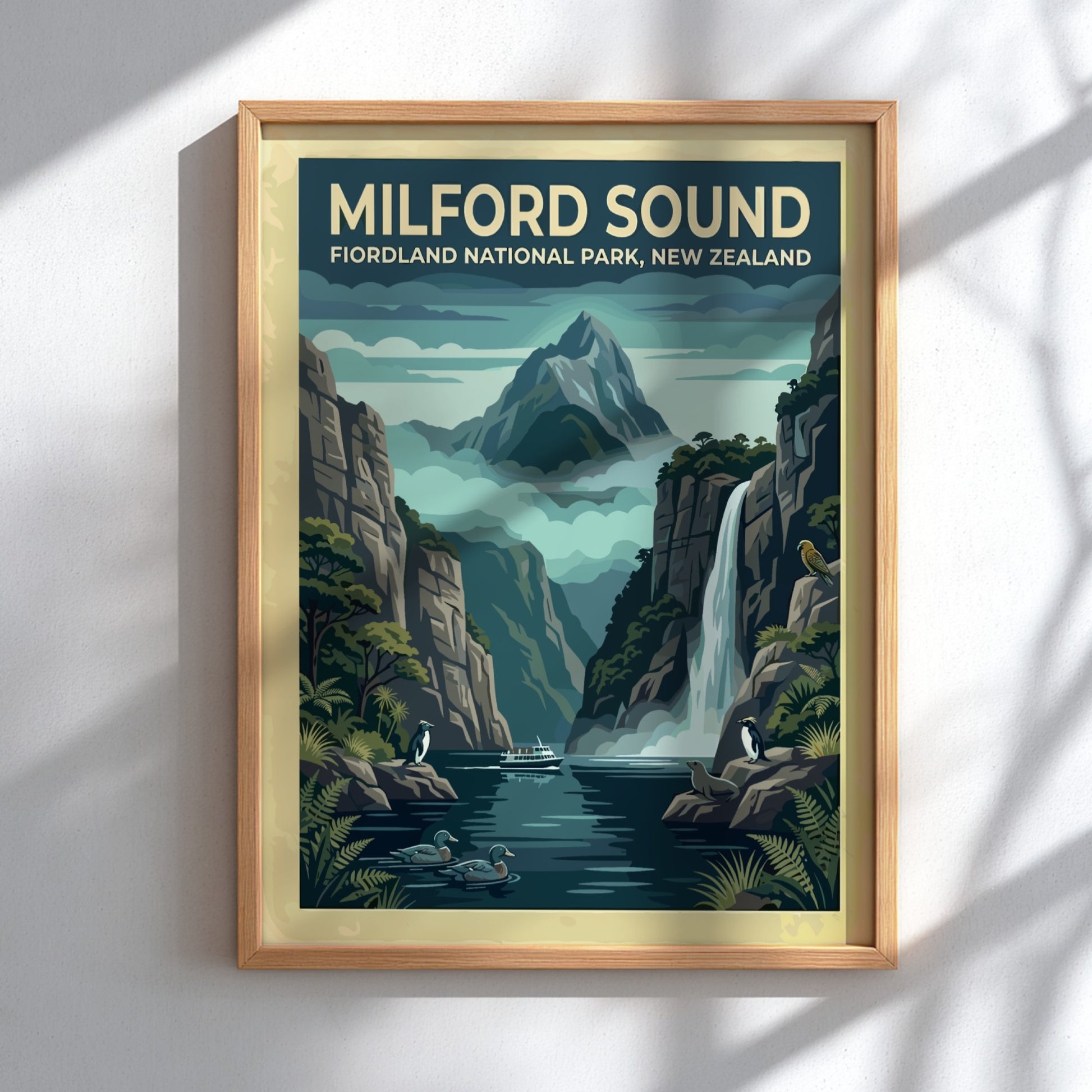 Australia travel poster featuring Milford Sound with towering cliffs, a waterfall, and wildlife.