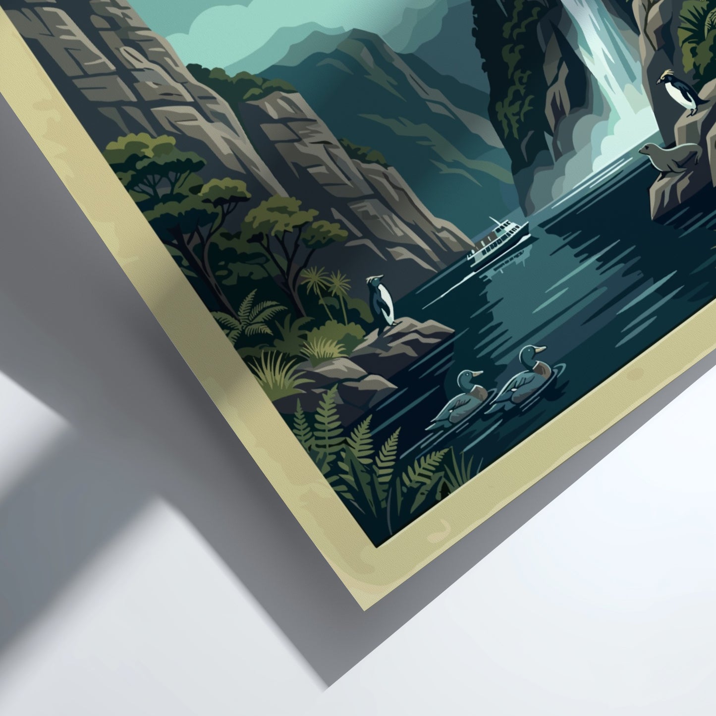 Australia travel poster featuring Milford Sound with towering cliffs, a waterfall, and wildlife.