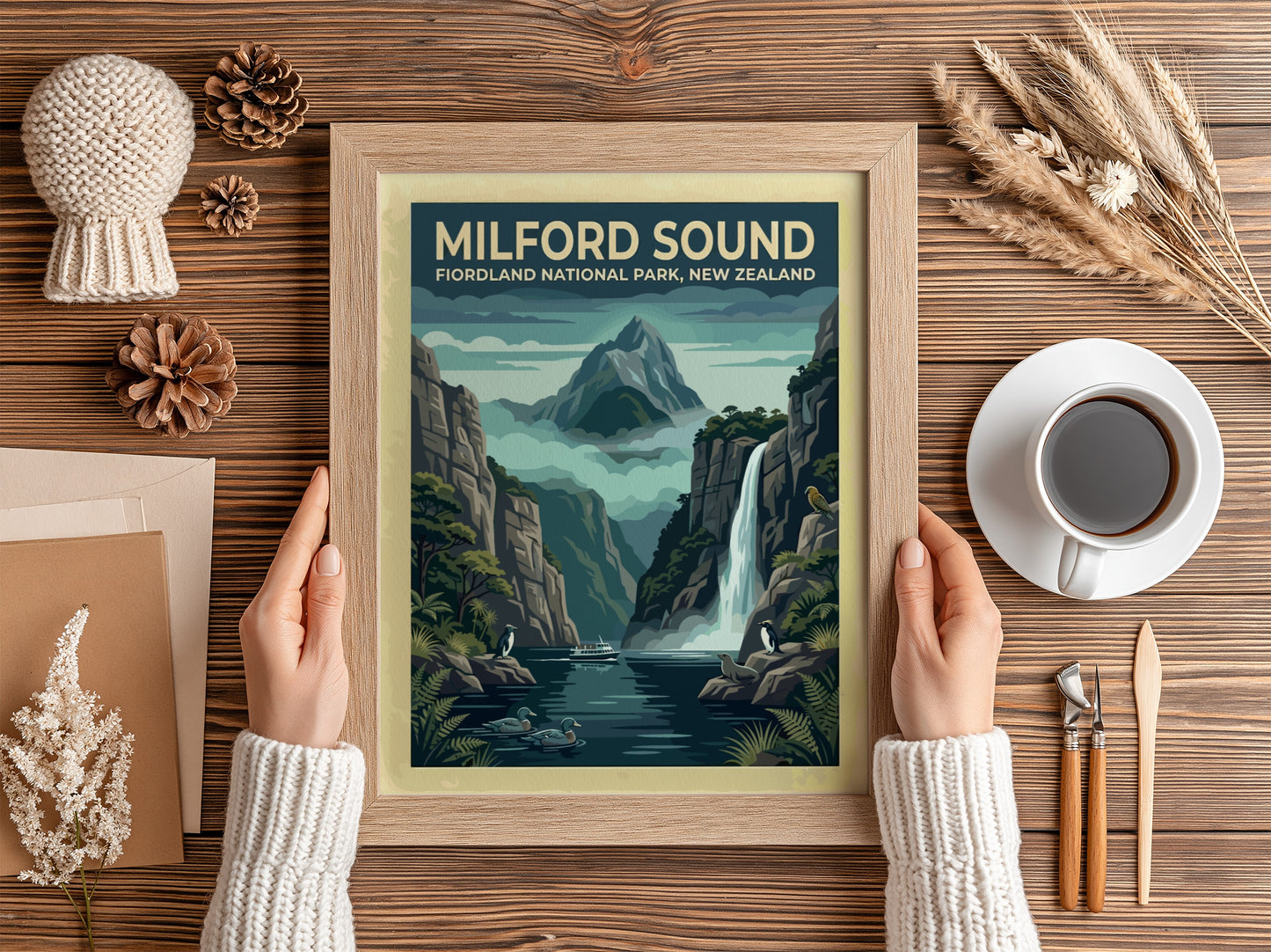 Australia travel poster featuring Milford Sound with towering cliffs, a waterfall, and wildlife.