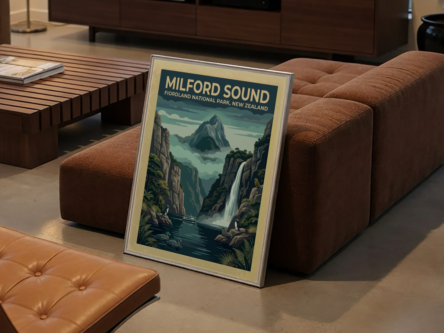 Australia travel poster featuring Milford Sound with towering cliffs, a waterfall, and wildlife.