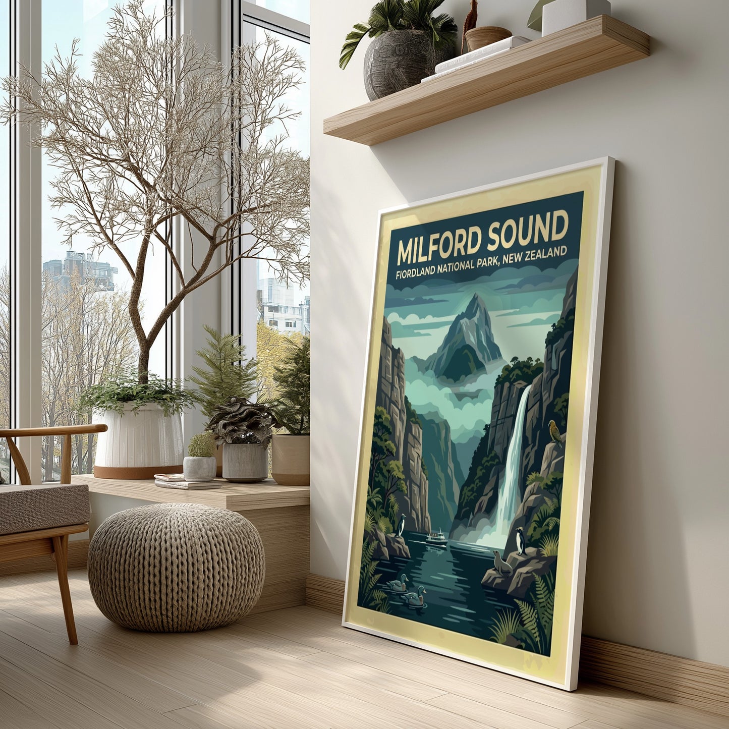 Australia travel poster featuring Milford Sound with towering cliffs, a waterfall, and wildlife.