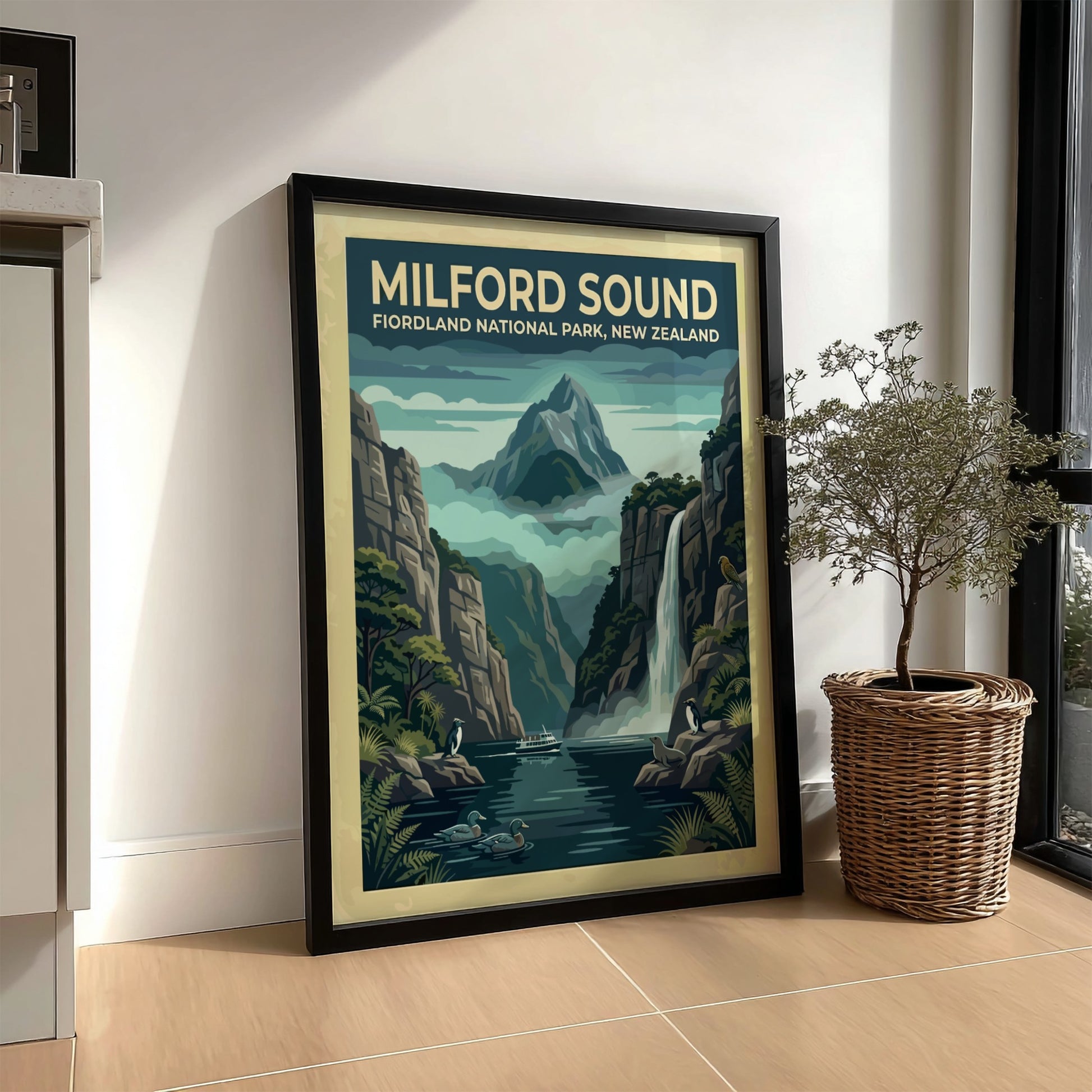 Australia travel poster featuring Milford Sound with towering cliffs, a waterfall, and wildlife.