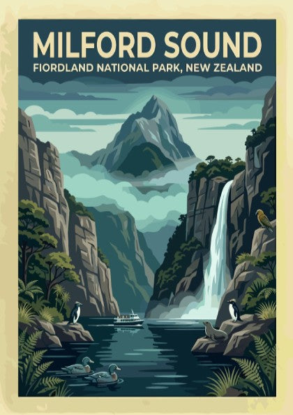 Australia travel poster featuring Milford Sound with towering cliffs, a waterfall, and wildlife.