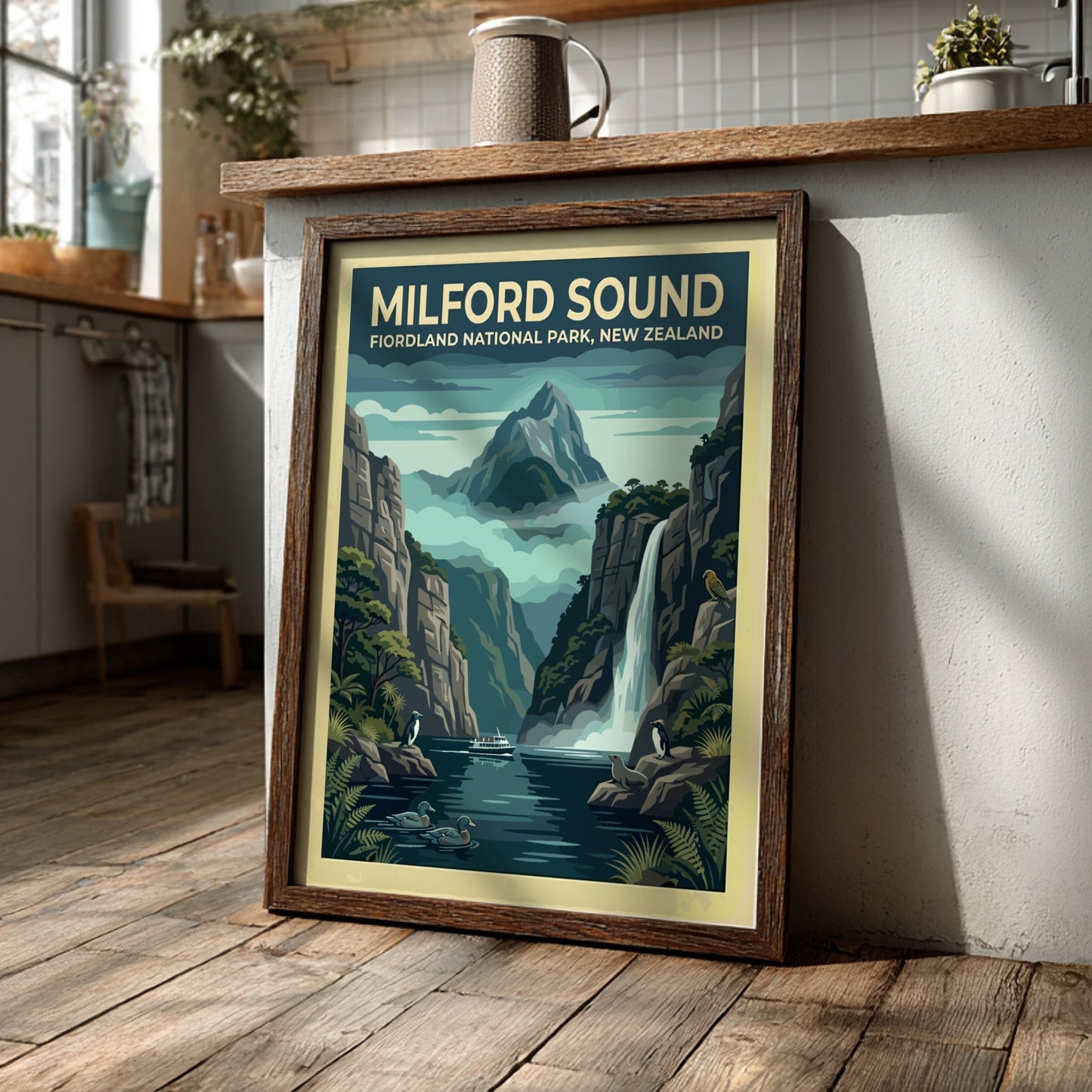 Australia travel poster featuring Milford Sound with towering cliffs, a waterfall, and wildlife.