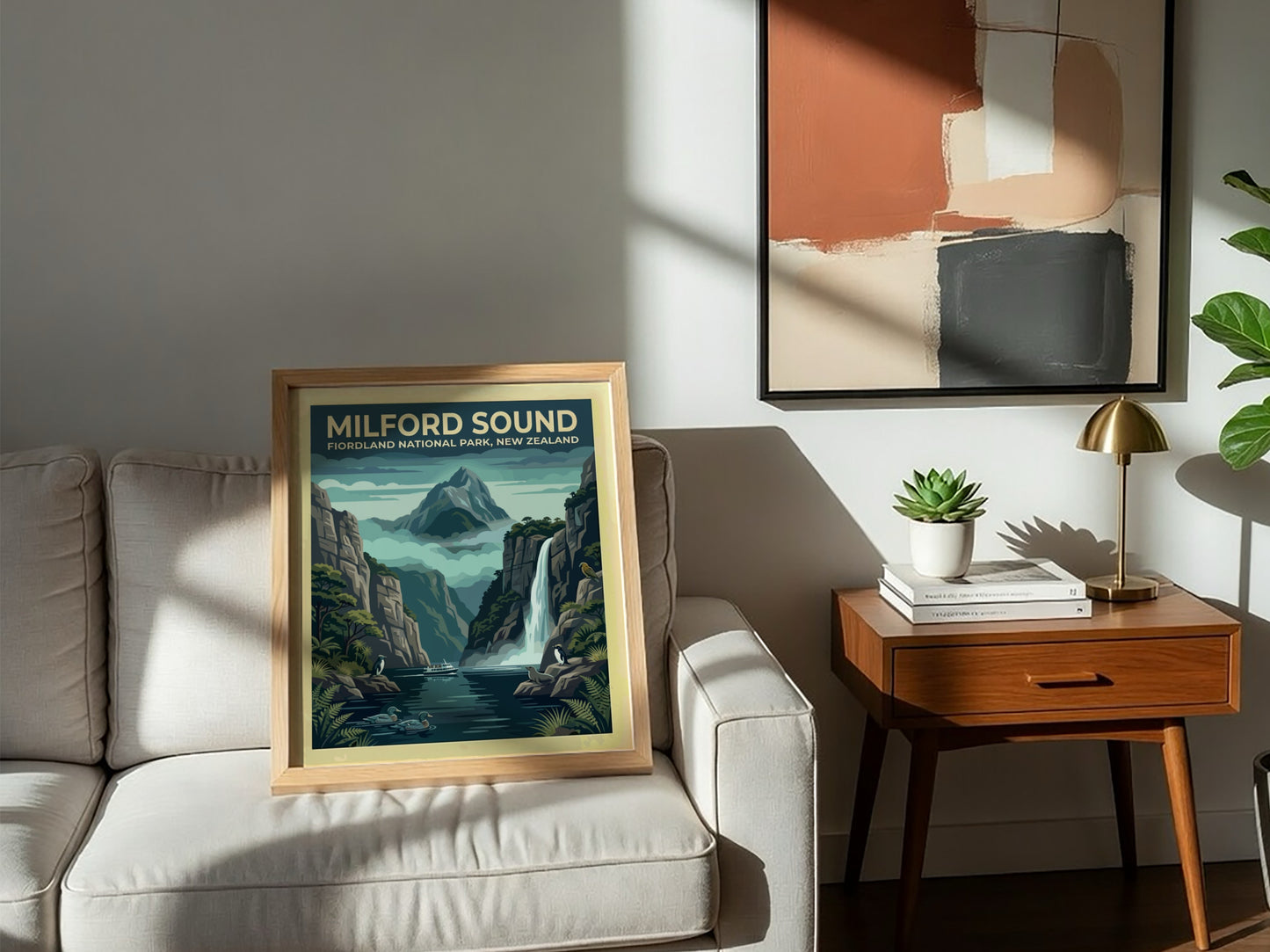 Australia travel poster featuring Milford Sound with towering cliffs, a waterfall, and wildlife.