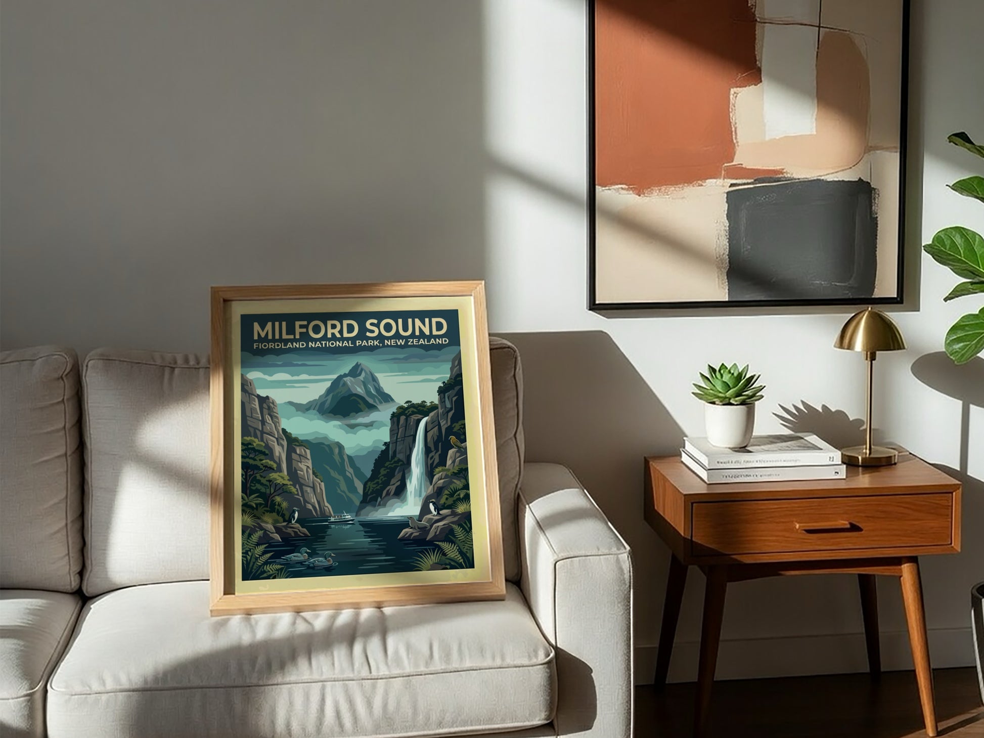 Australia travel poster featuring Milford Sound with towering cliffs, a waterfall, and wildlife.