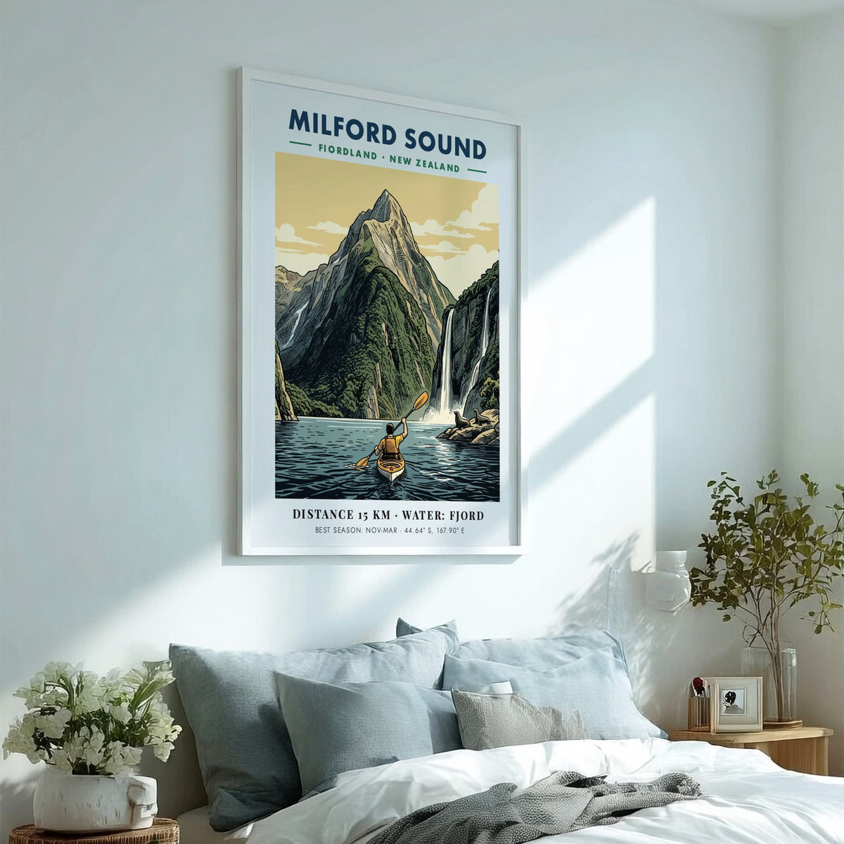 Milford Sound travel poster featuring a kayaker on blue water before green mountains.