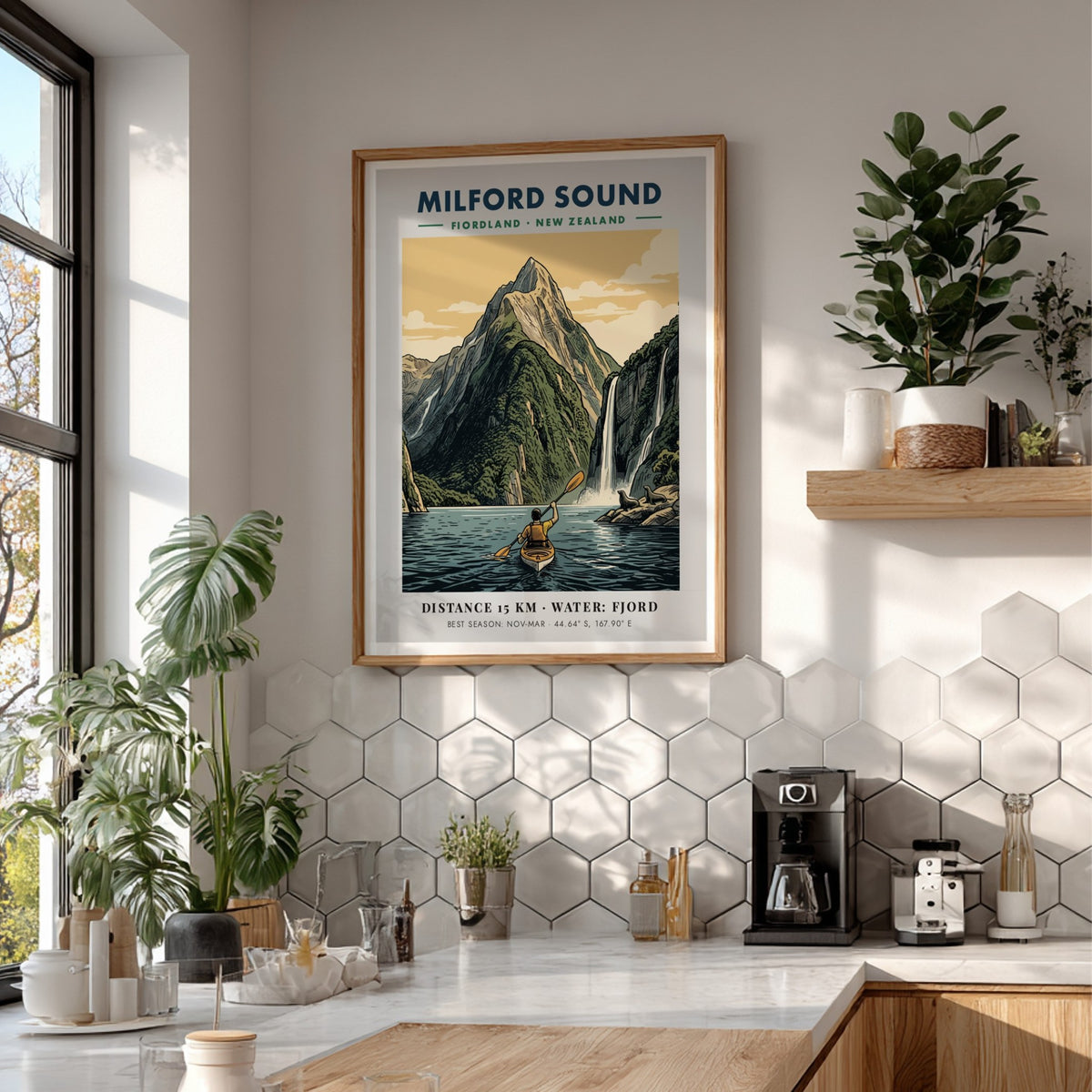 Milford Sound travel poster featuring a kayaker on blue water before green mountains.