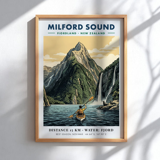 Milford Sound travel poster featuring a kayaker on blue water before green mountains.