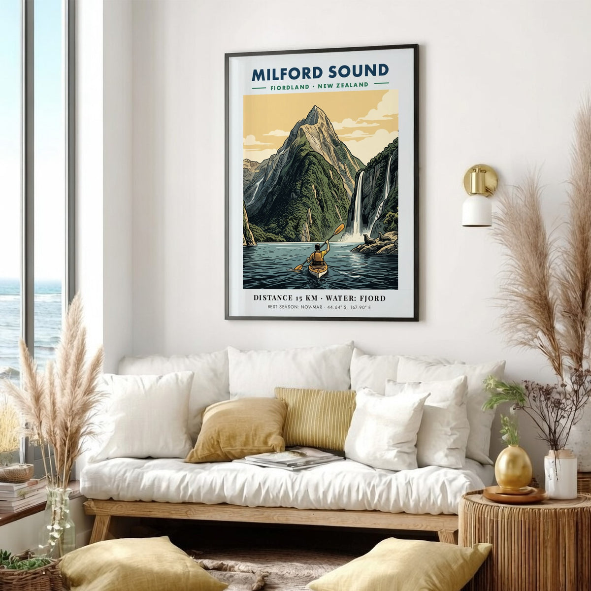 Milford Sound travel poster featuring a kayaker on blue water before green mountains.