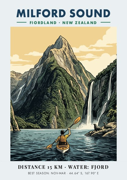 Milford Sound travel poster featuring a kayaker on blue water before green mountains.