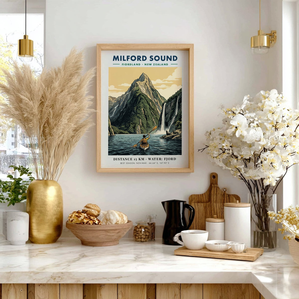 Milford Sound travel poster featuring a kayaker on blue water before green mountains.