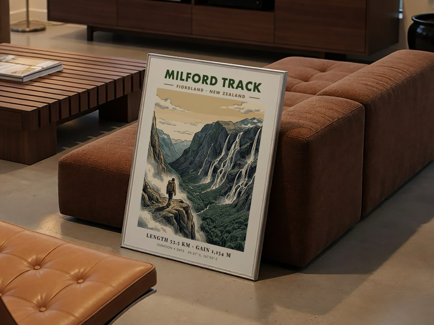 Poster of a hiker on the Milford Track in Fiordland with dramatic waterfalls