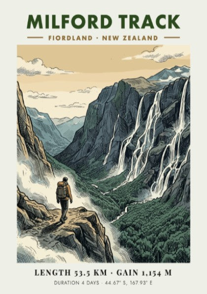 Poster of a hiker on the Milford Track in Fiordland with dramatic waterfalls