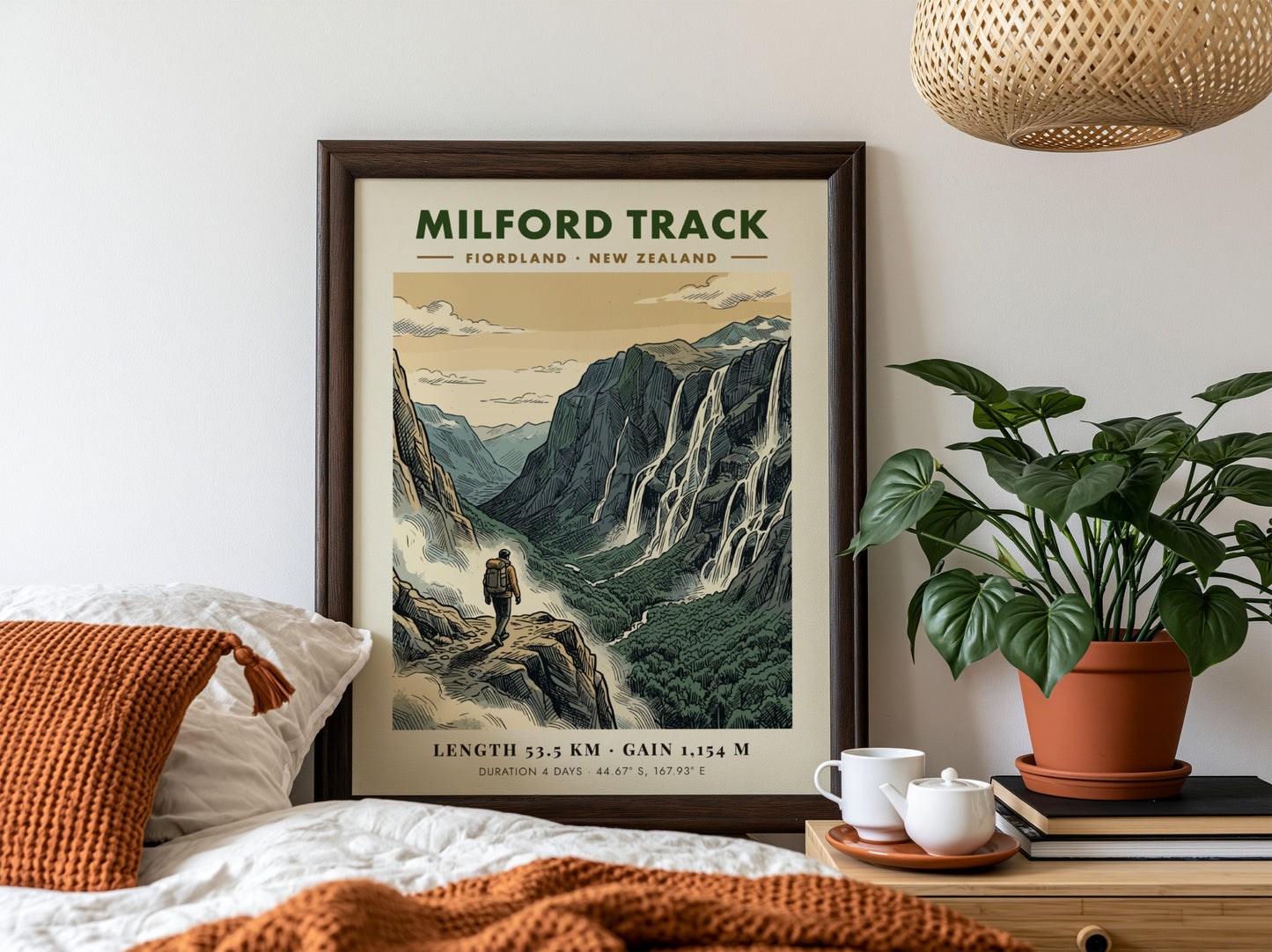 Poster of a hiker on the Milford Track in Fiordland with dramatic waterfalls