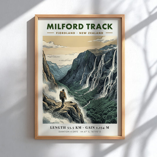Poster of a hiker on the Milford Track in Fiordland with dramatic waterfalls