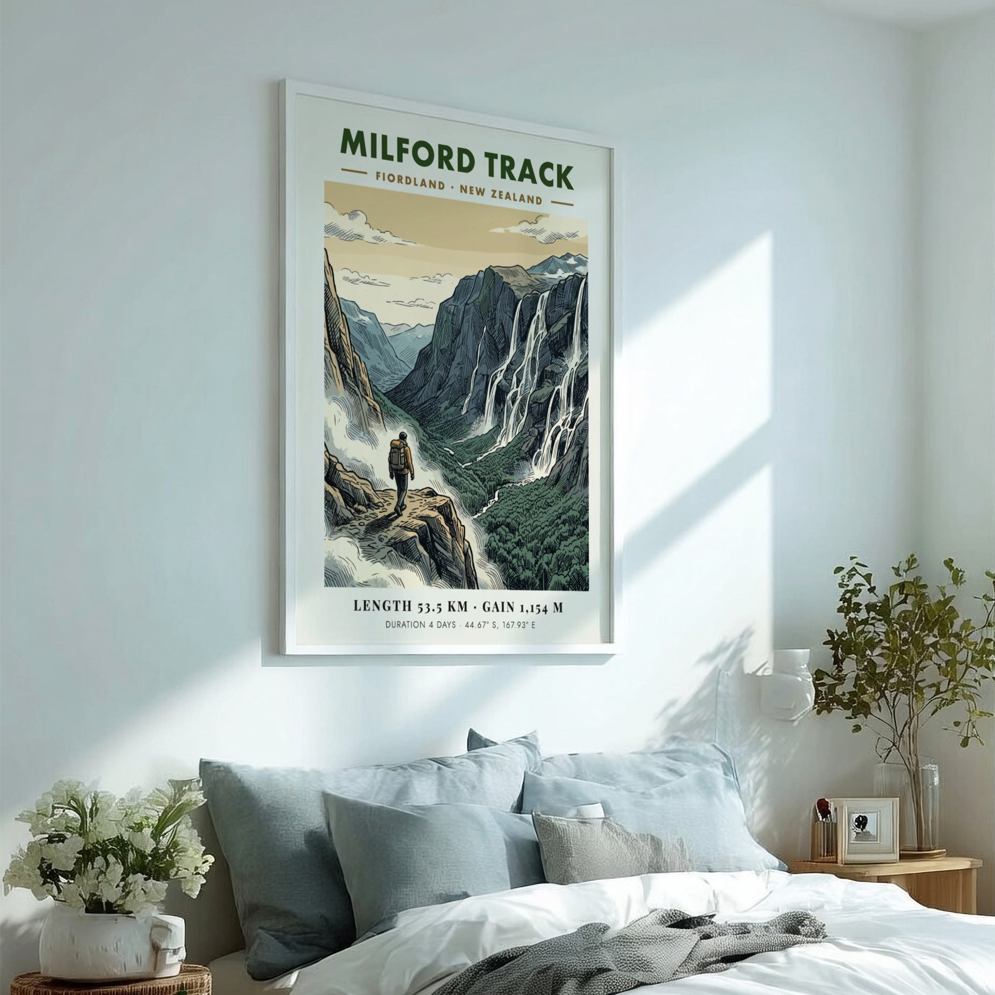 Poster of a hiker on the Milford Track in Fiordland with dramatic waterfalls