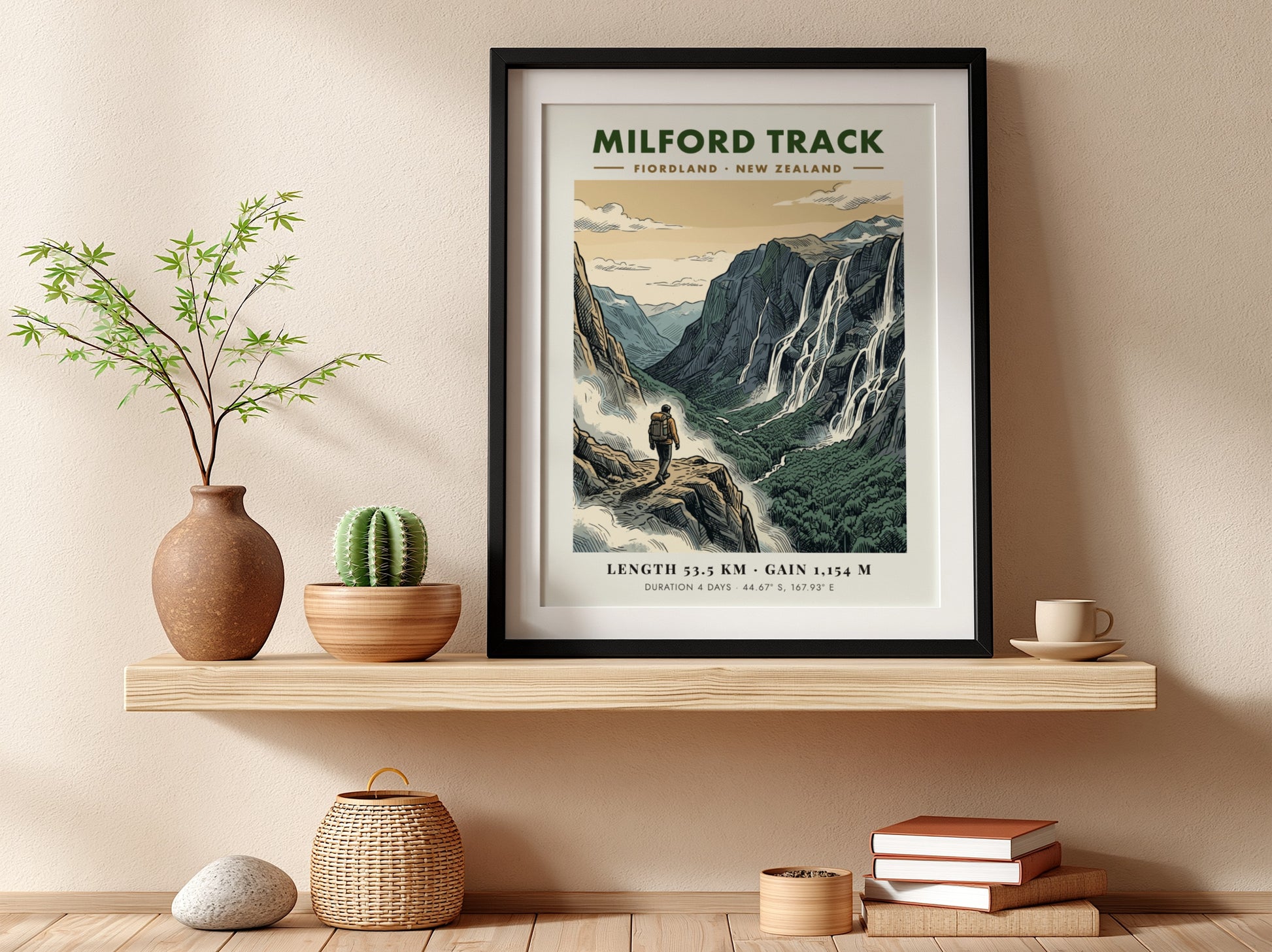 Poster of a hiker on the Milford Track in Fiordland with dramatic waterfalls