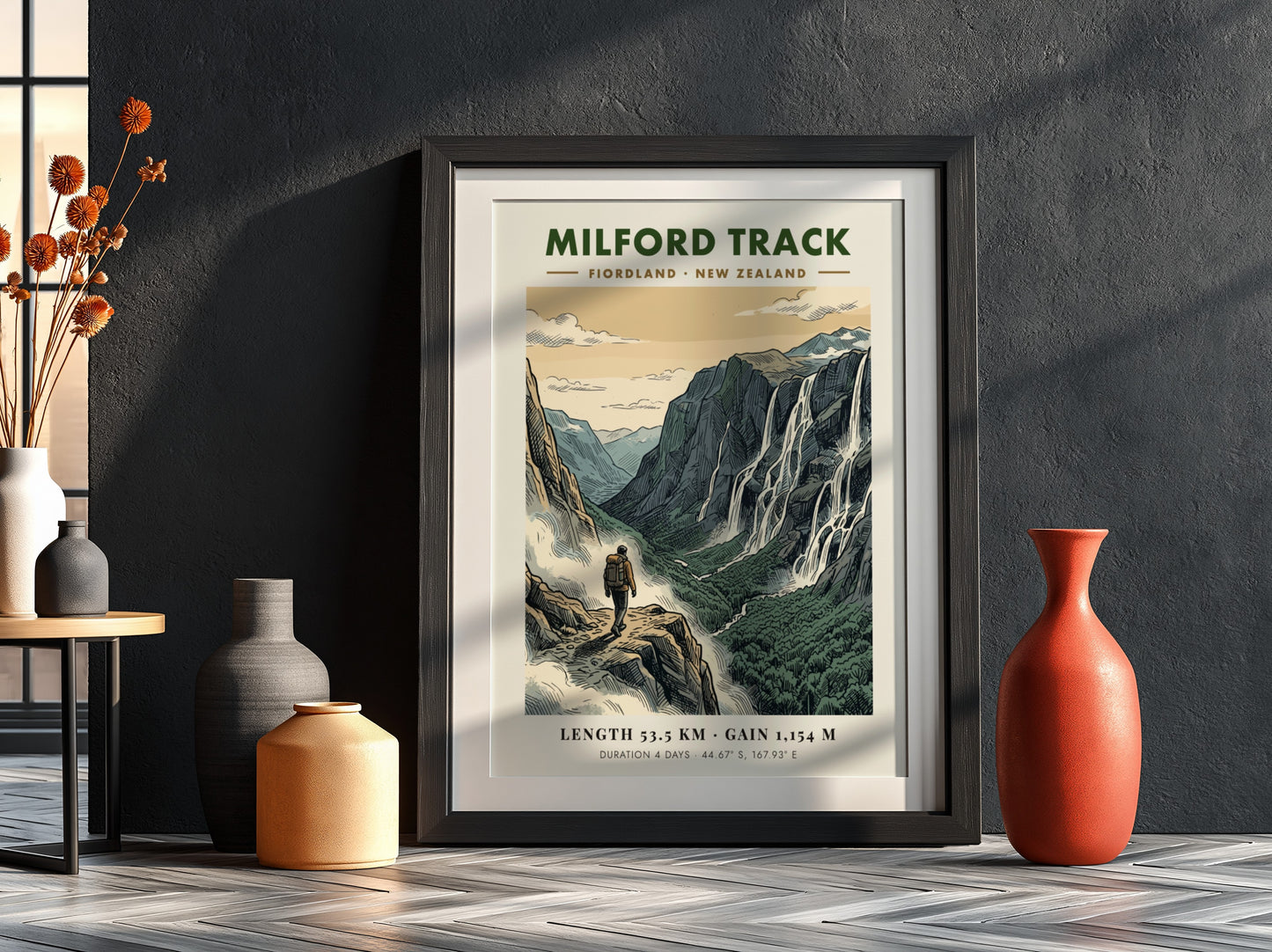 Poster of a hiker on the Milford Track in Fiordland with dramatic waterfalls