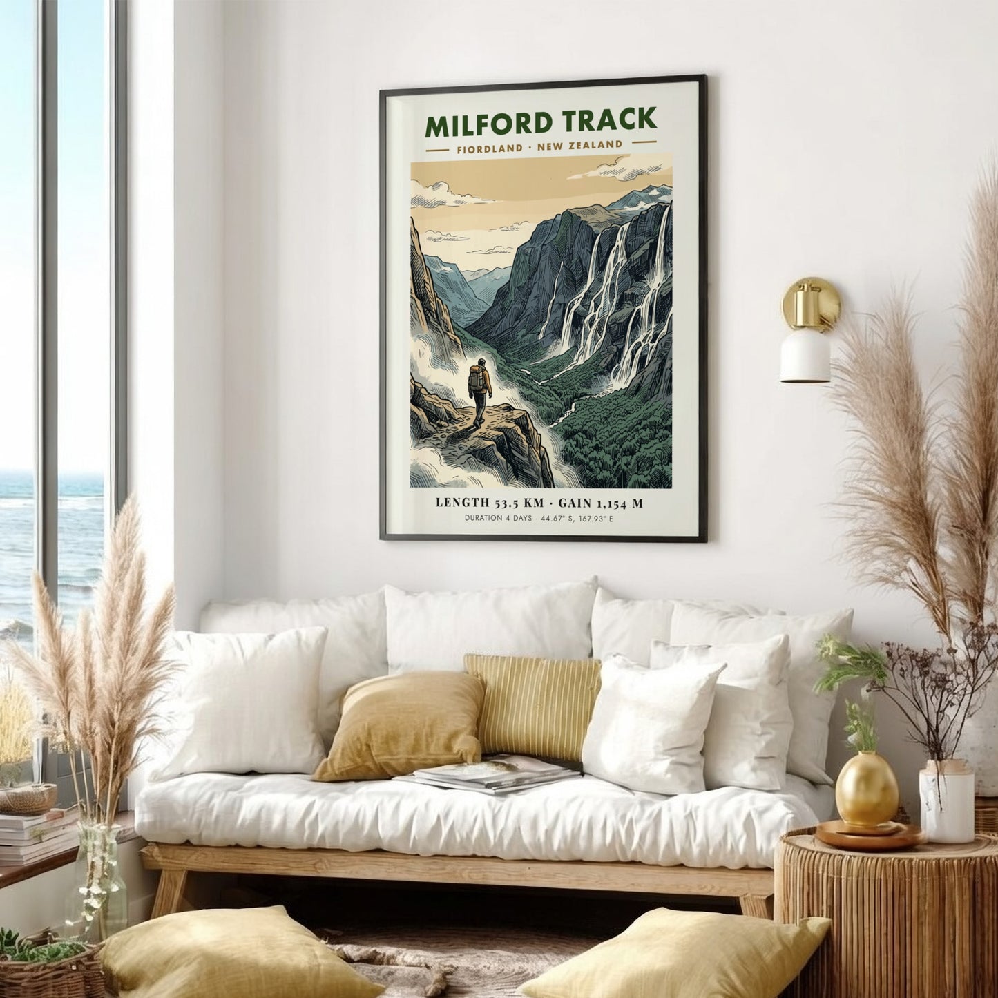 Poster of a hiker on the Milford Track in Fiordland with dramatic waterfalls