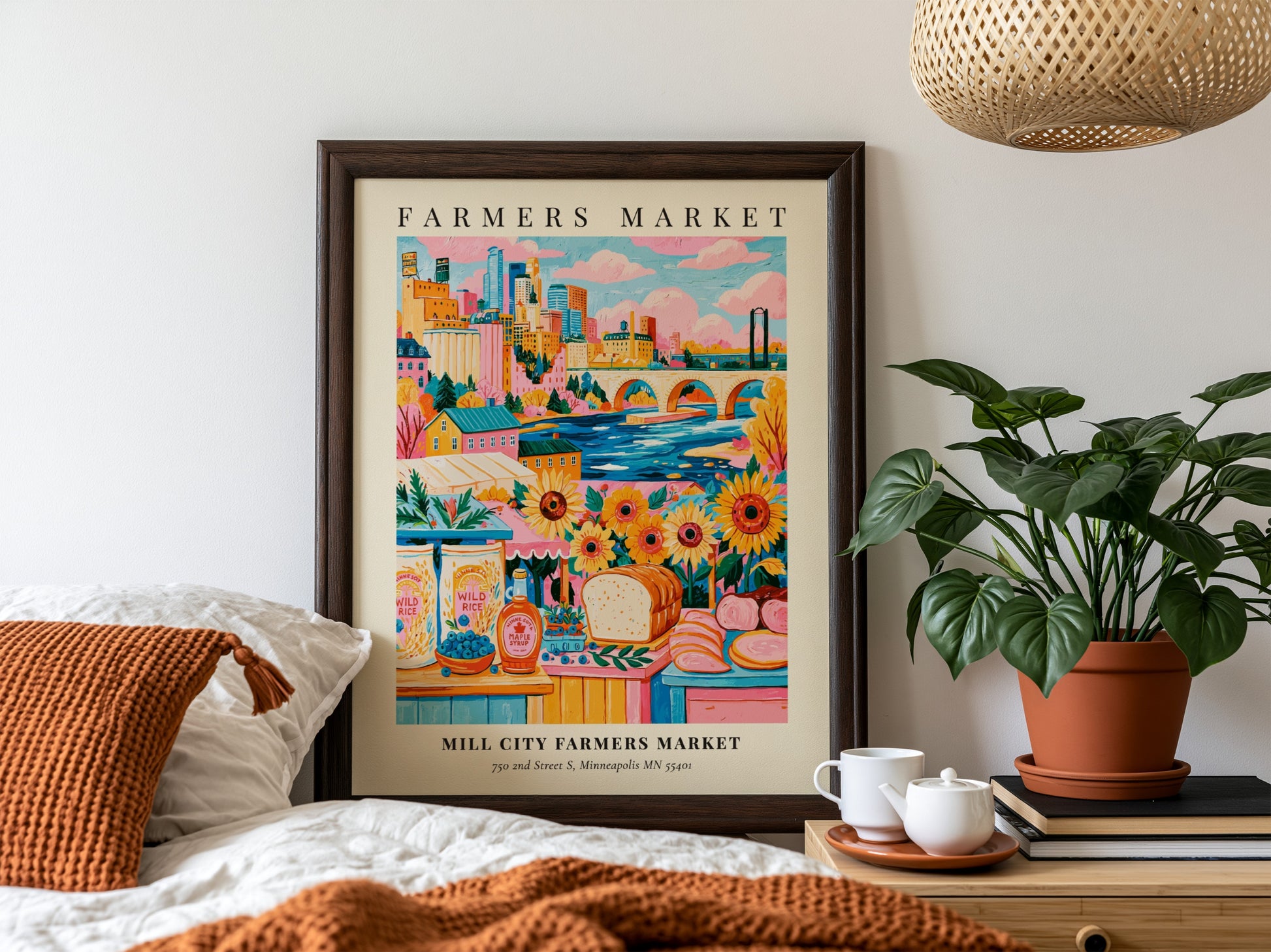 Farmers market poster featuring colorful sunflowers and Minneapolis skyline