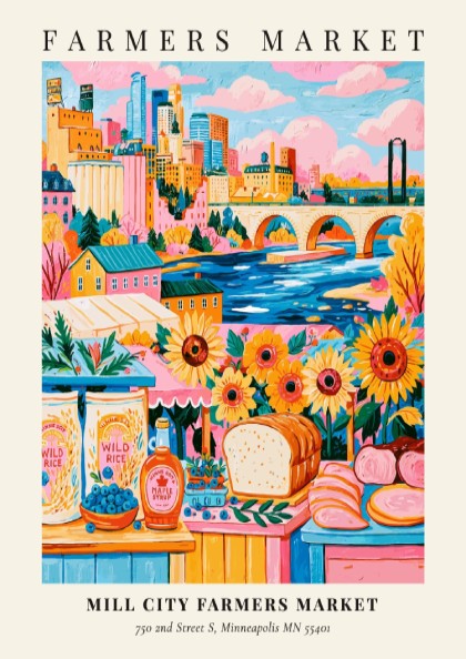 Farmers market poster featuring colorful sunflowers and Minneapolis skyline