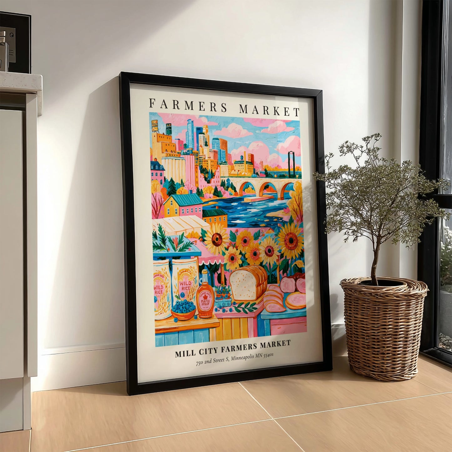 Farmers market poster featuring colorful sunflowers and Minneapolis skyline