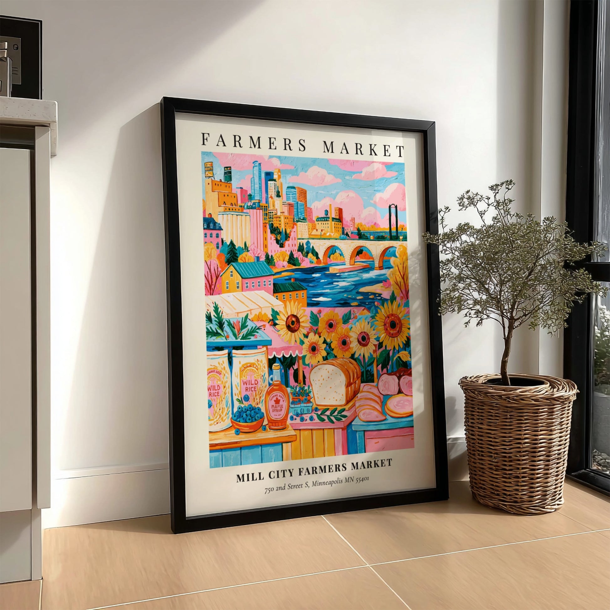Farmers market poster featuring colorful sunflowers and Minneapolis skyline