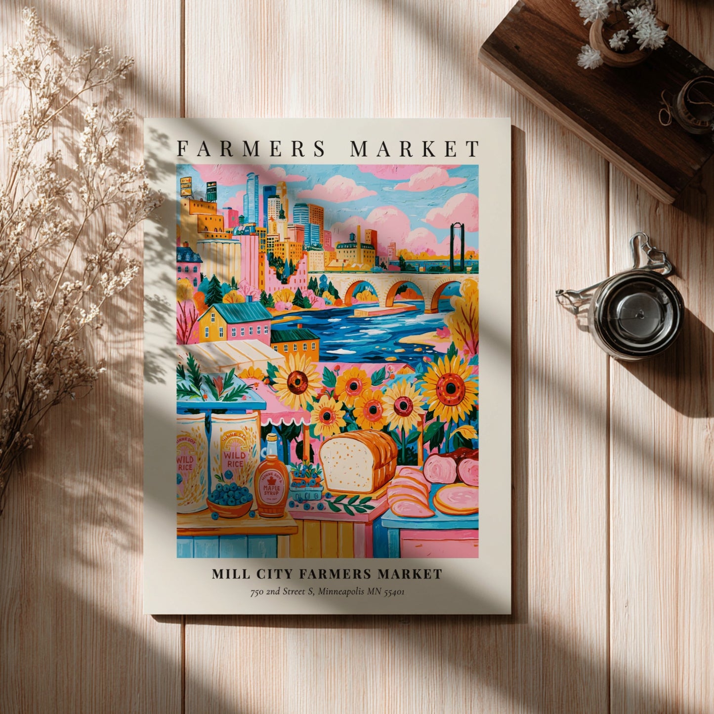 Farmers market poster featuring colorful sunflowers and Minneapolis skyline