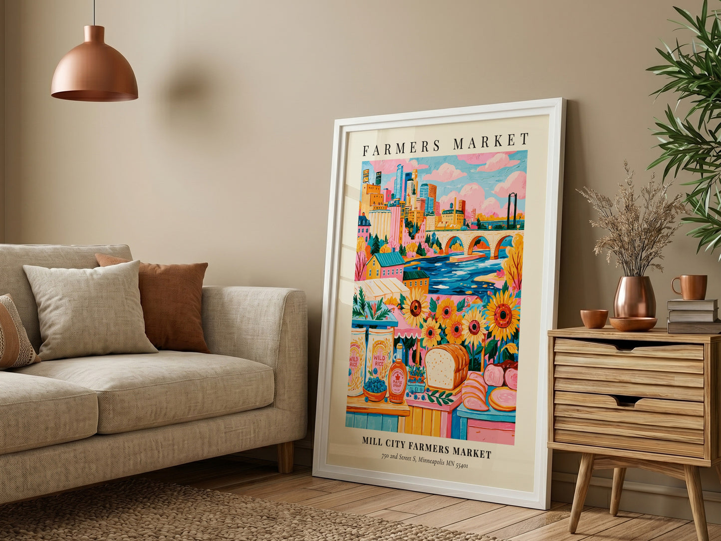 Farmers market poster featuring colorful sunflowers and Minneapolis skyline